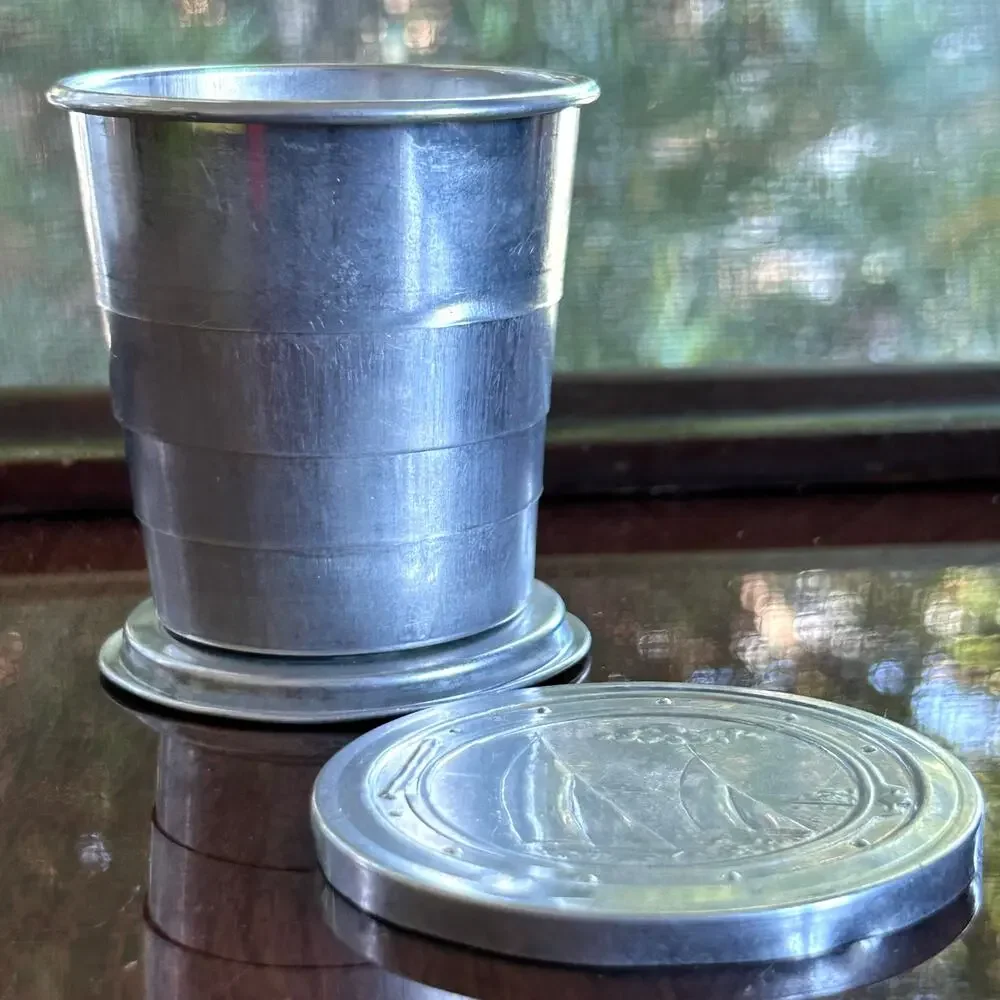Vintage Aluminum Collapsible Travel Cup – Sailboat Lid – 3” Tall